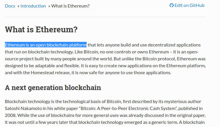 Prt sc первой страницы официальной документации проекта Ethereum.